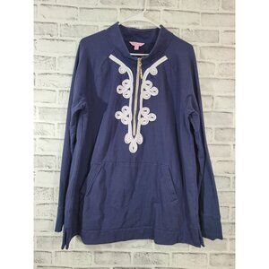 Lilly Pulitzer Popover Navy White Embellishment Trim Quarter Zip Size XL